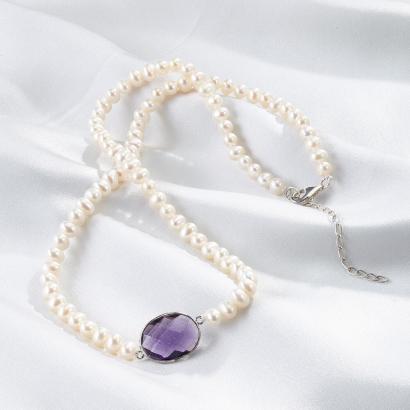 Perlencollier mit Amethyst