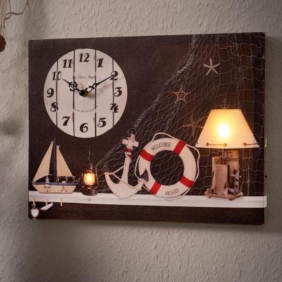 Maritimes LED-Wandbild mit Uhr