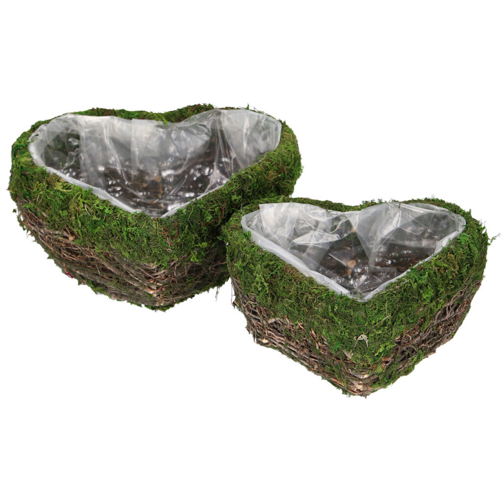 2er-Set Dekoschalen Natur Herz mit Ästen und Gras, natürliche Pflanztöpfe mit Innenfolie 2er-Set Dekoschalen Natur Herz mit Ästen und Gras, natürliche Pflanztöpfe mit Innenfolie