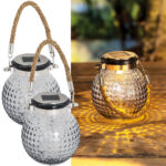 2er-Set Glaskugel LED Solarleuchte mit Jute-Kordel, Ø 11 cm
