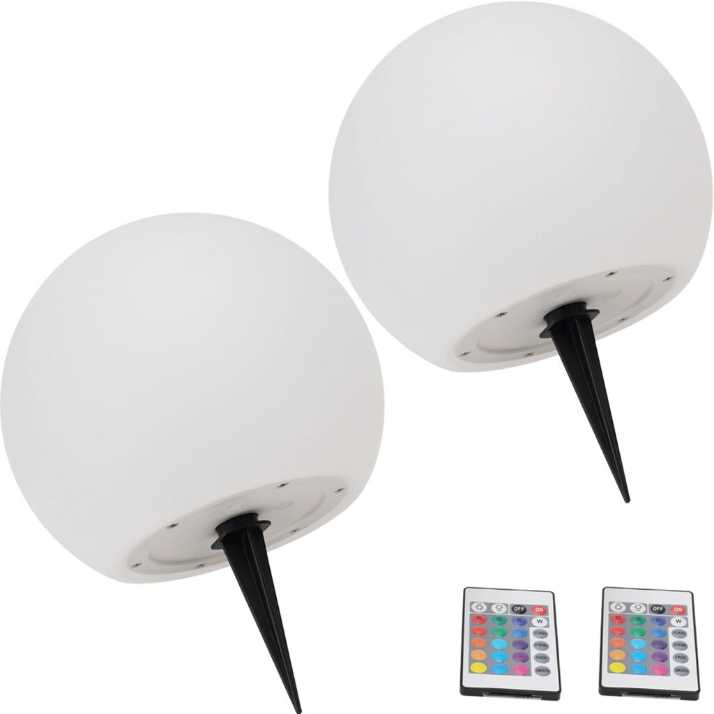 2er-Set LED-Leuchtkugel mit Fernbedienung, solarbetrieben, RGBW, 60 Lu, IP67, Ø 20 cm 2er-Set LED-Leuchtkugel mit Fernbedienung, solarbetrieben, RGBW, 60 Lu, IP67, Ø 20 cm