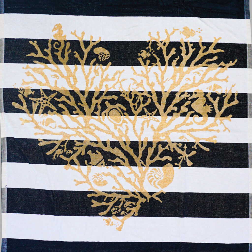 Jacquard Strandbadetuch mit goldenem Korallen-Print, 100% Baumwolle Jacquard Strandbadetuch mit goldenem Korallen-Print, 100% Baumwolle