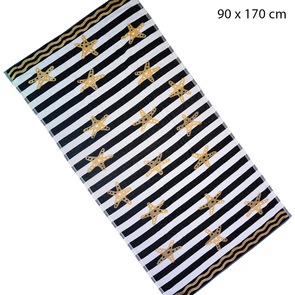 Jacquard-Strandbadetuch Streifen und goldene Seesterne, 100% Baumwolle, 90 x 170 cm Jacquard-Strandbadetuch Streifen und goldene Seesterne, 100% Baumwolle, 90 x 170 cm