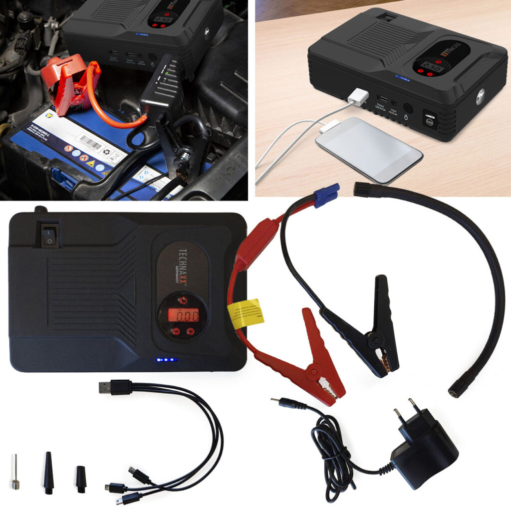 4 in 1 Kfz-Starthilfe mit Luftkompressor, LED-Lampe und Powerbank, 14.000 mAh 4 in 1 Kfz-Starthilfe mit Luftkompressor, LED-Lampe und Powerbank, 14.000 mAh