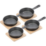 4er-Set Runde Servierpfanne aus Gusseisen mit Bambusbrett, Ø 12.5 cm