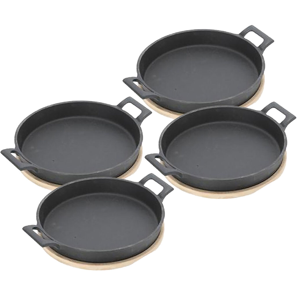 4er-Set Runde Servierpfanne aus Gusseisen, 2 Henkel und Bambusbrett, Ø 18,5 cm 4er-Set Runde Servierpfanne aus Gusseisen, 2 Henkel und Bambusbrett, Ø 18,5 cm