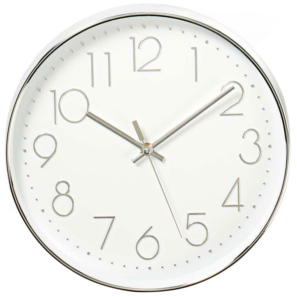 Moderne runde Wanduhr, grosse Ziffern, silber-weiss, 30 cm Moderne runde Wanduhr, grosse Ziffern, silber-weiss, 30 cm