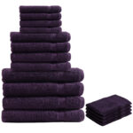 16-teiliges Handtuch-Set Frottee, je 4 Gäste-, Hand-, Duschtücher & Waschlappen, aubergine