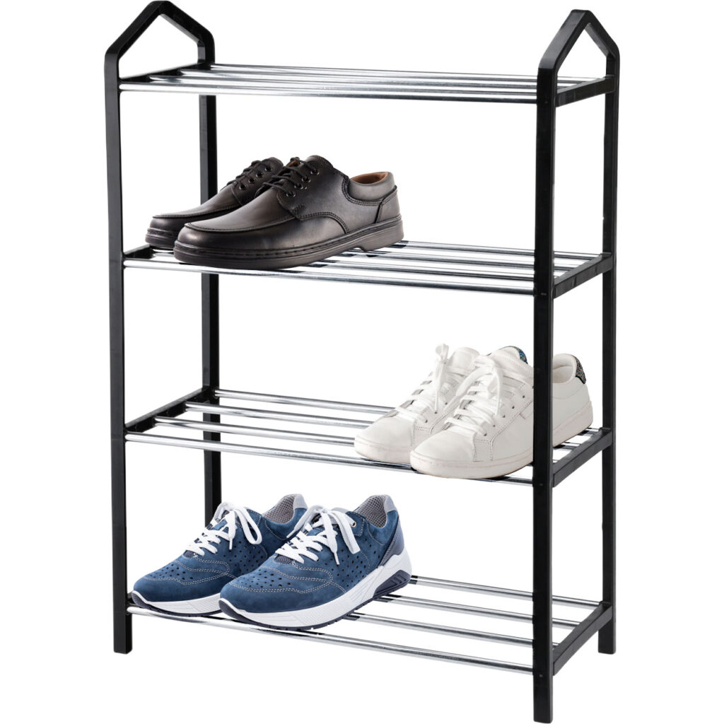Schuhregal aus Metall mit 4 Ablageflächen, schwarz/silber Schuhregal aus Metall mit 4 Ablageflächen, schwarz/silber