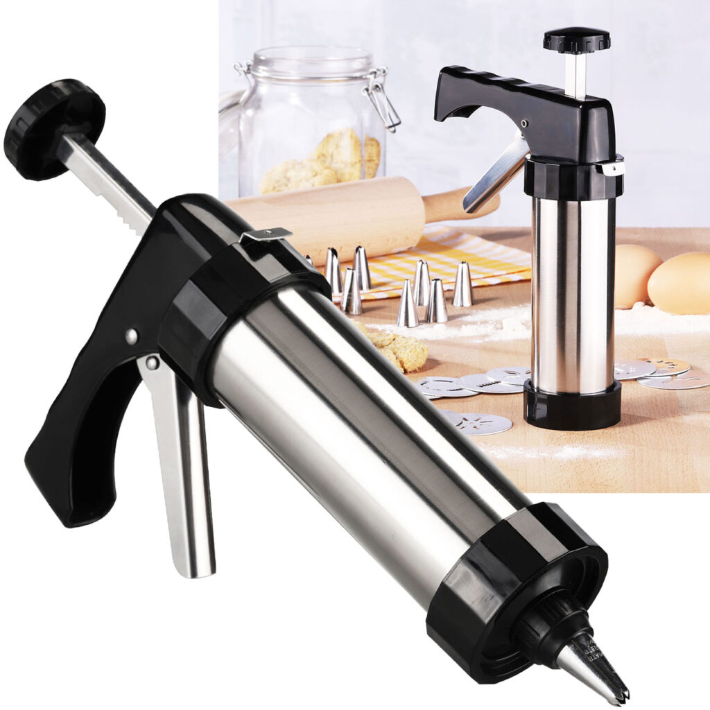 Profi-Gebäckpresse & Garnierspritze, 13 Schablonen und 8 Garniertüllen, Edelstahl Profi-Gebäckpresse & Garnierspritze, 13 Schablonen und 8 Garniertüllen, Edelstahl