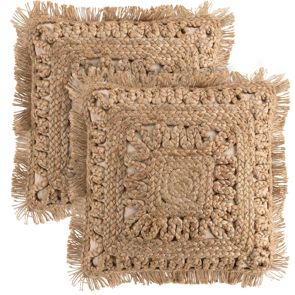 2er-Set Kissenhüllen aus Jute und Baumwolle, mit Fransen, braun, 45 x 45 cm 2er-Set Kissenhüllen aus Jute und Baumwolle, mit Fransen, braun, 45 x 45 cm