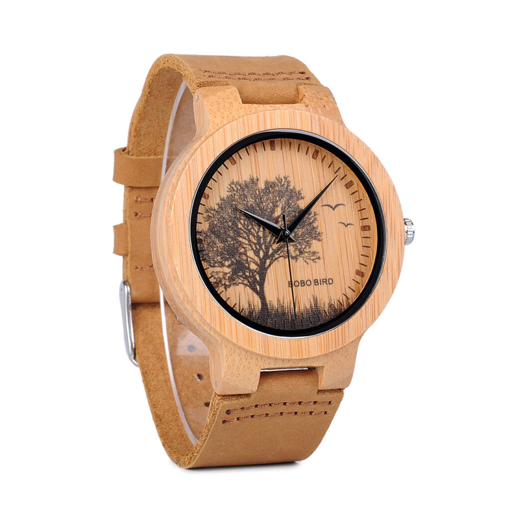 Aparte Uhr aus Bambus mit Naturmotiv, Lederarmband Aparte Uhr aus Bambus mit Naturmotiv, Lederarmband