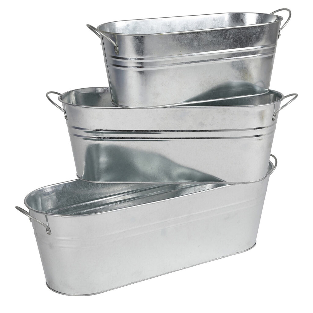 3 Pflanzenkästen aus Zink, oval, mit Henkel, unterschiedliche Grössen