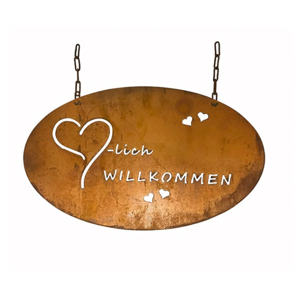 Hängedekoration Herzlich Willkommen aus Metall, rostbraun, Länge 45 cm Hängedekoration Herzlich Willkommen aus Metall, rostbraun, Länge 45 cm