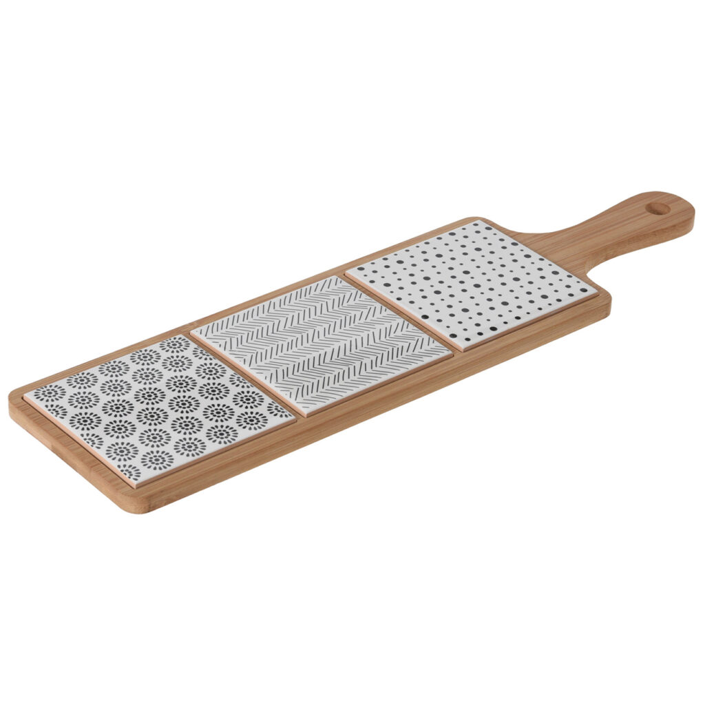 Servierbrett aus Bambus mit drei Keramikplatten, 44,1 x 12 x 1,2 cm Servierbrett aus Bambus mit drei Keramikplatten, 44,1 x 12 x 1,2 cm