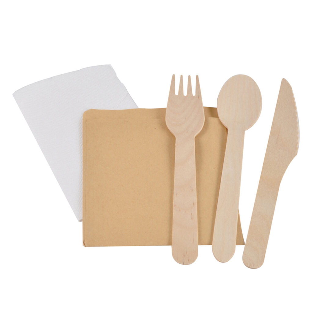 Einwegbesteck 6er-Set aus Holz, Holzbesteck mit Löffel, Gabel, Messer und Serviette Einwegbesteck 6er-Set aus Holz, Holzbesteck mit Löffel, Gabel, Messer und Serviette
