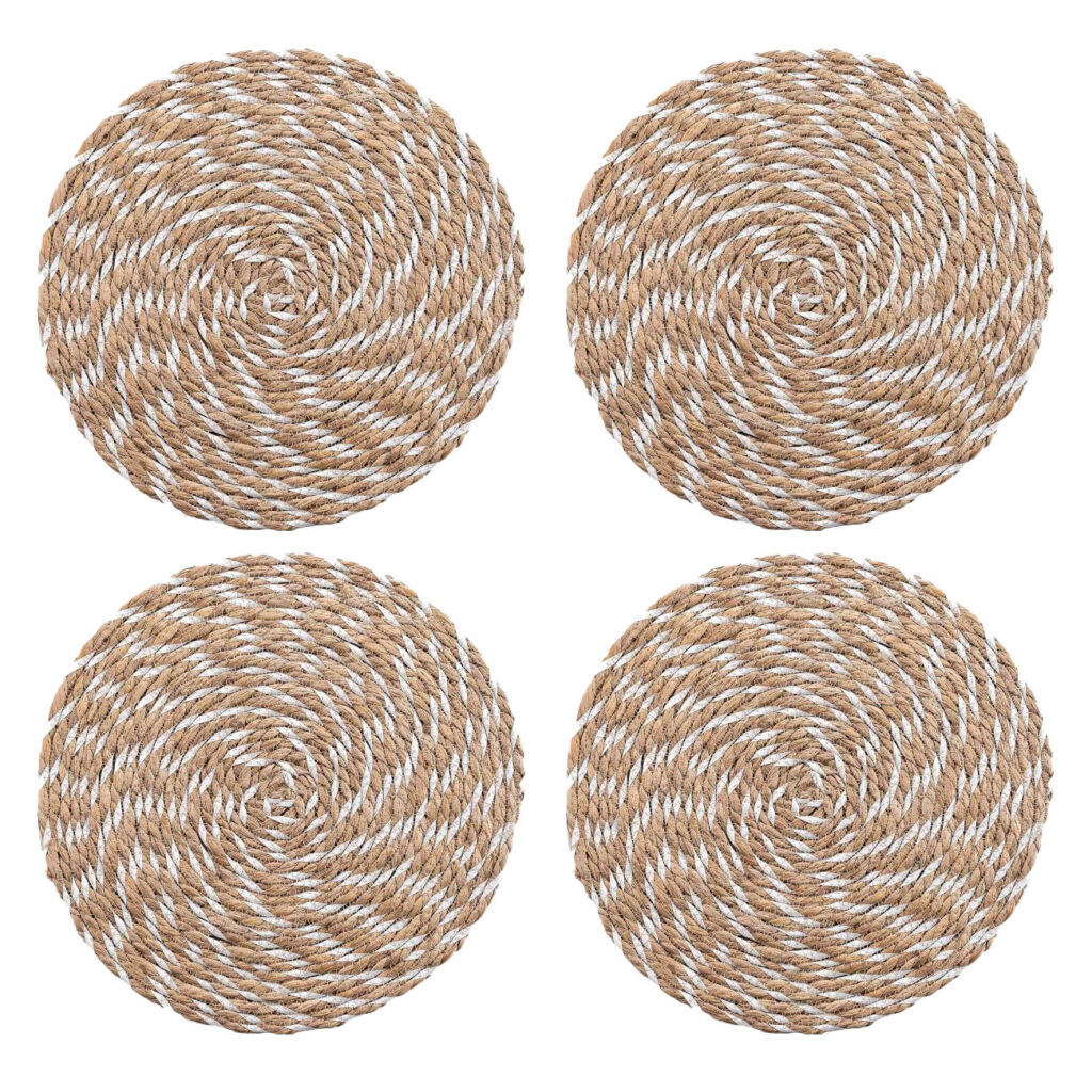 4er Tischsets aus Stroh- und Polyester-Geflecht, Platzdeckchen rund, braun, weiss, Ø 38 4er Tischsets aus Stroh- und Polyester-Geflecht, Platzdeckchen rund, braun, weiss, Ø 38