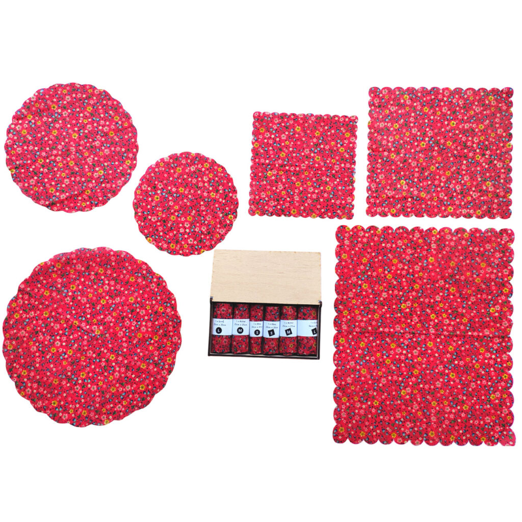 Bienenwachstücher, 6 Stück, eckige und runde Form, mit Holzbox, rotes Blumen-Design Bienenwachstücher, 6 Stück, eckige und runde Form, mit Holzbox, rotes Blumen-Design