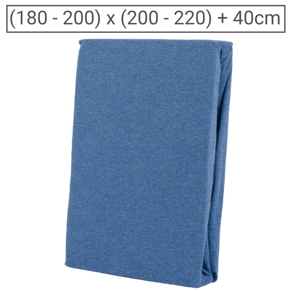 Premium Jersey Melange Fixleintuch, 100% Baumwolle, jeansblau, 180-200 x 200-220 + 40 cm Premium Jersey Melange Fixleintuch, 100% Baumwolle, jeansblau, 180-200 x 200-220 + 40 cm