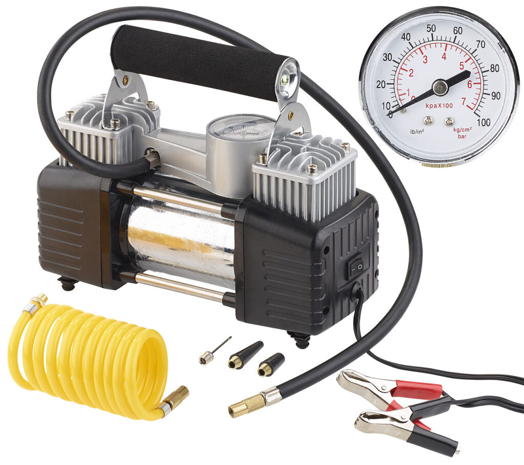Mobiler Luft-Kompressor, Manometer, 12 V, 100 psi, 288 Watt, 3 Adapter Mobiler Luft-Kompressor, Manometer, 12 V, 100 psi, 288 Watt, 3 Adapter