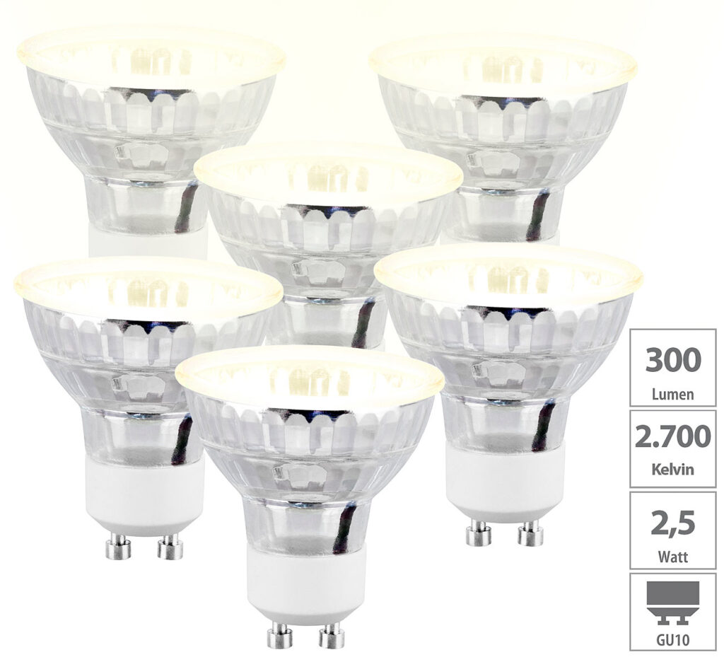 6er-Set LED-Spotlights im Glasgehäuse, warmweiss, 300 Lumen, GU10 6er-Set LED-Spotlights im Glasgehäuse, warmweiss, 300 Lumen, GU10