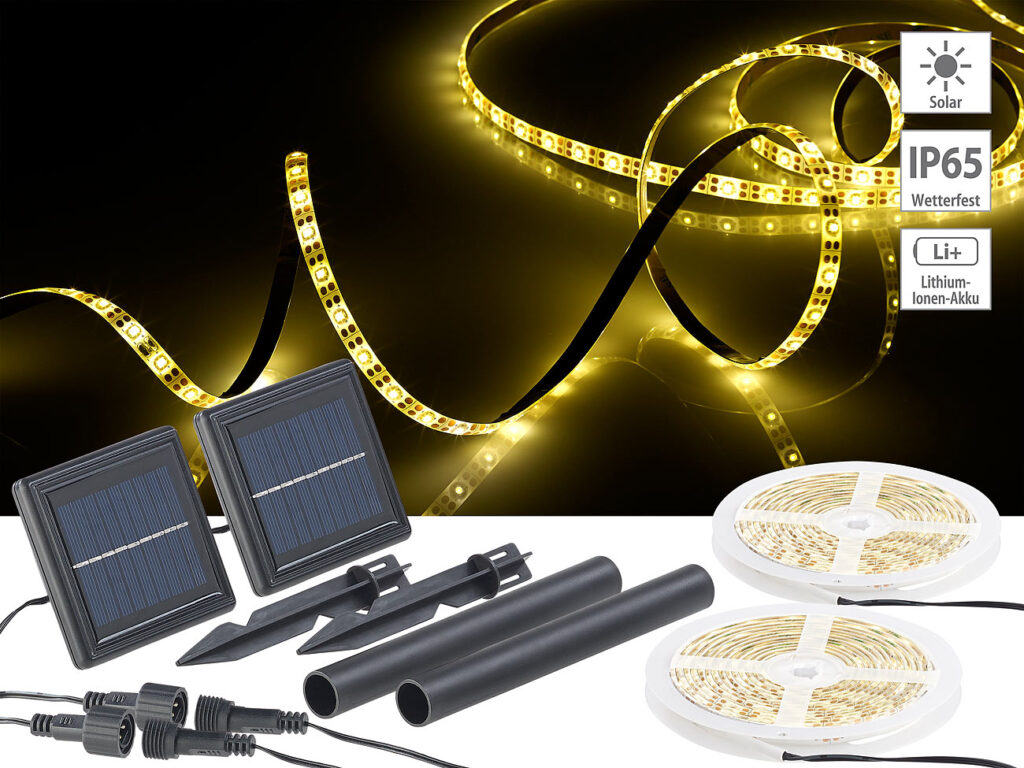 2er-Set Solar-LED-Streifen mit 180 warmweissen LEDs, wetterfest IP65 2er-Set Solar-LED-Streifen mit 180 warmweissen LEDs, wetterfest IP65