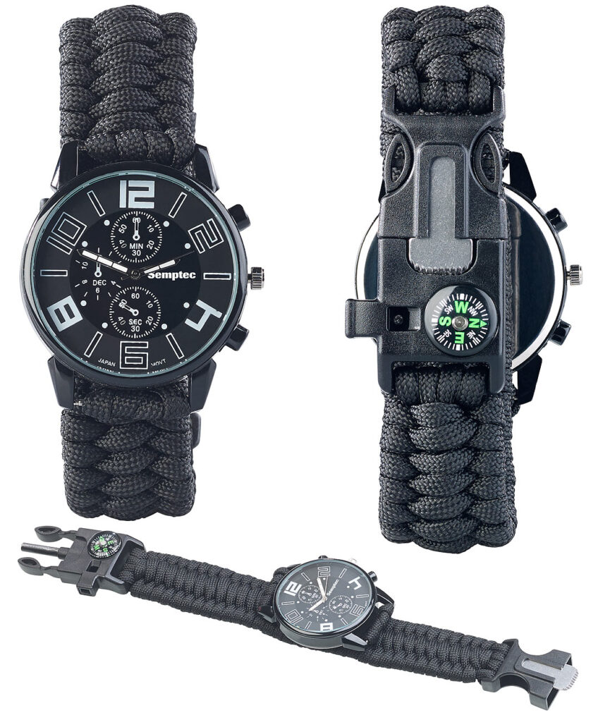 5in1-Armbanduhr mit Paracordband, Feuerstahl, Kompass, Notfallpfeife 5in1-Armbanduhr mit Paracordband, Feuerstahl, Kompass, Notfallpfeife