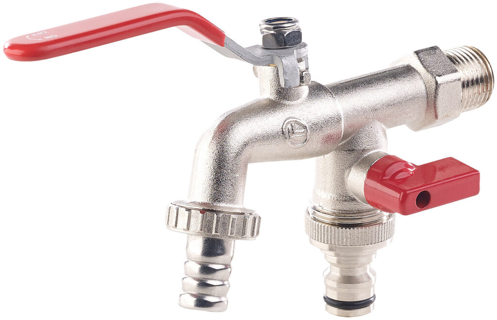 Doppel-Wasserhahn mit Kugelauslaufventil und 1/2-Zoll-Anschluss Doppel-Wasserhahn mit Kugelauslaufventil und 1/2-Zoll-Anschluss