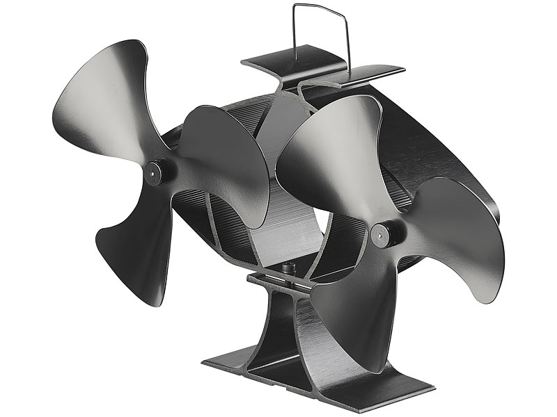 Stromloser Kaminofen-Doppel-Ventilator, je 3 Lüfter-Blätter, ab 65 °C Stromloser Kaminofen-Doppel-Ventilator, je 3 Lüfter-Blätter, ab 65 °C