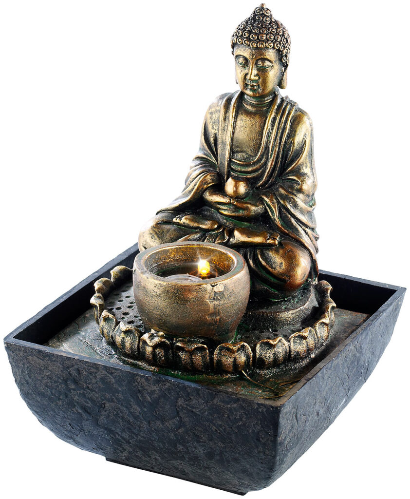 Beleuchteter Zimmerbrunnen mit  Buddha
