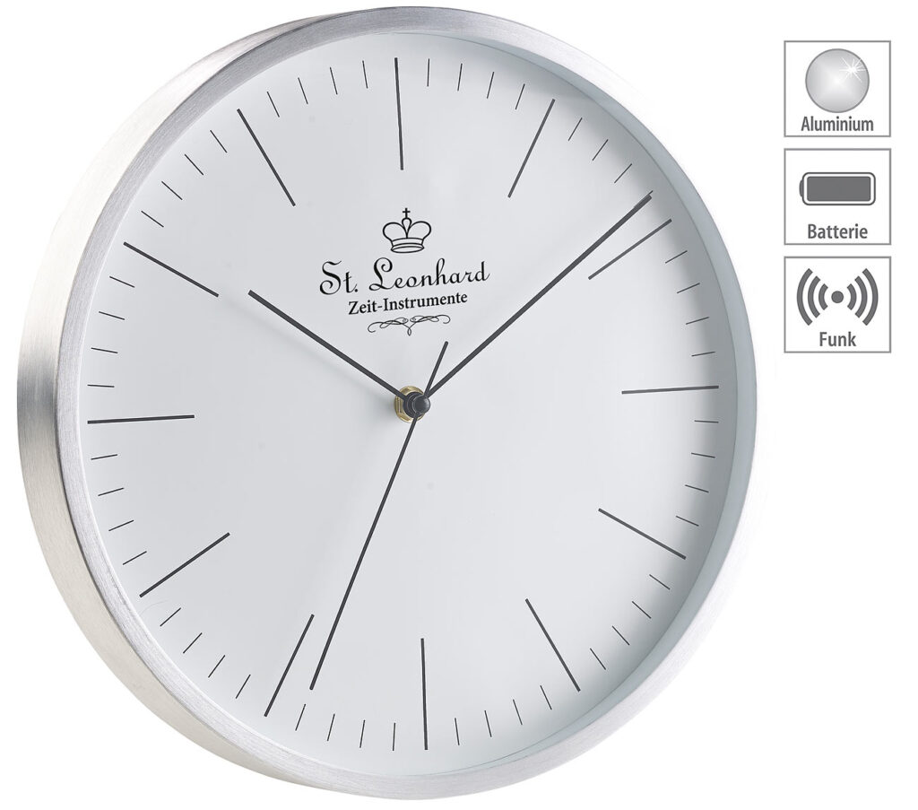 Moderne Aluminium-Funk-Wanduhr, flüsterleises Sweep-Uhrwerk, Ø 31 cm Moderne Aluminium-Funk-Wanduhr, flüsterleises Sweep-Uhrwerk, Ø 31 cm