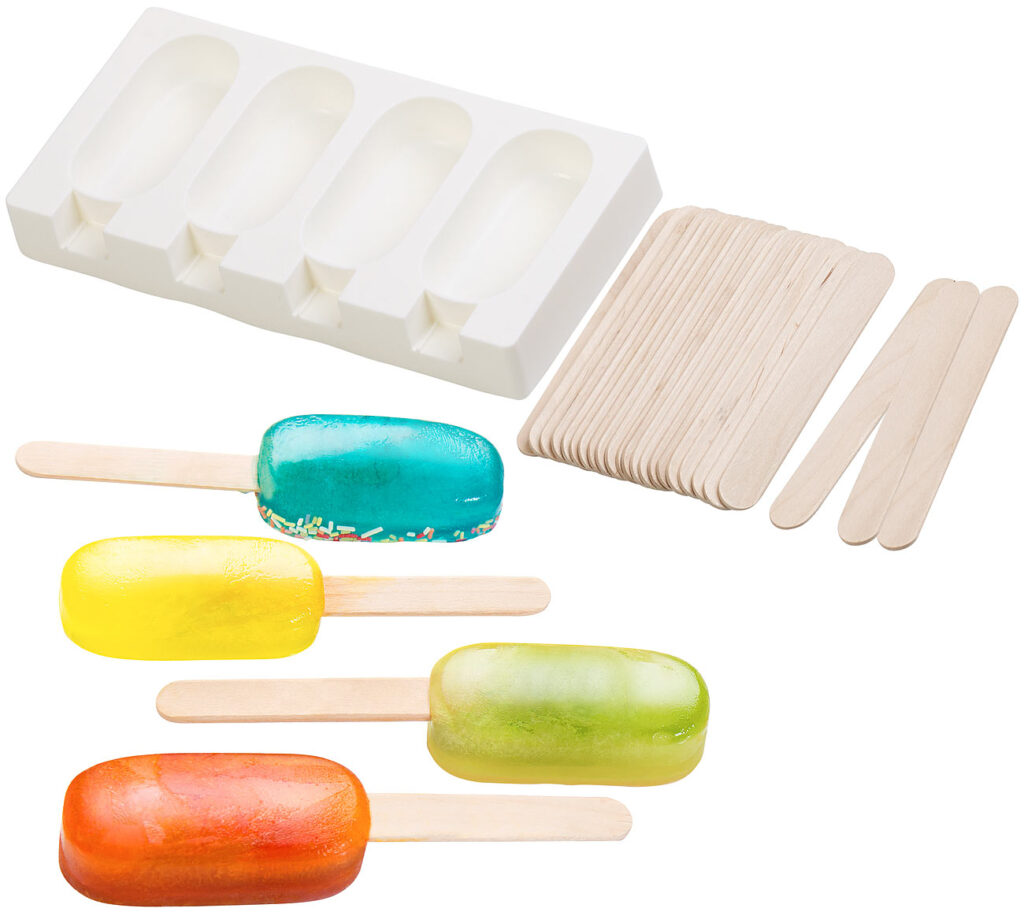 Silikon-Form für 4 Eis am Stiel, je 70 ml, mit 24 Holzstielen Silikon-Form für 4 Eis am Stiel, je 70 ml, mit 24 Holzstielen