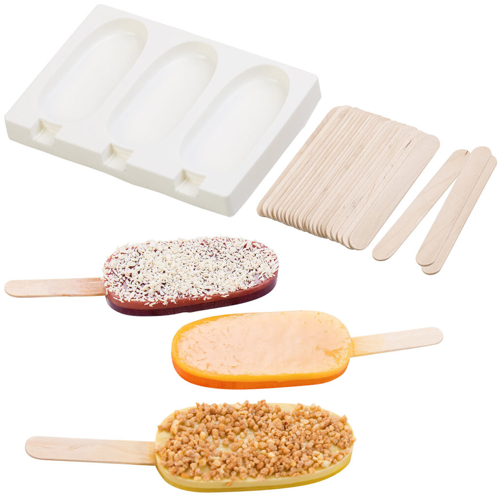 Silikon-Form für 3 Eis am Stiel, je 80 ml, mit 24 Holzstielen Silikon-Form für 3 Eis am Stiel, je 80 ml, mit 24 Holzstielen