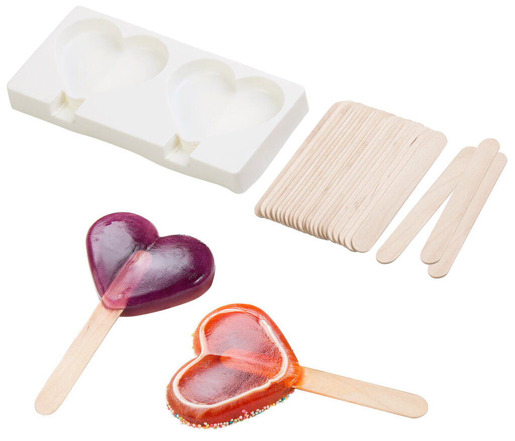 Silikon-Form für 2 Herz-Eis am Stiel, je 80 ml, mit 24 Holzstielen