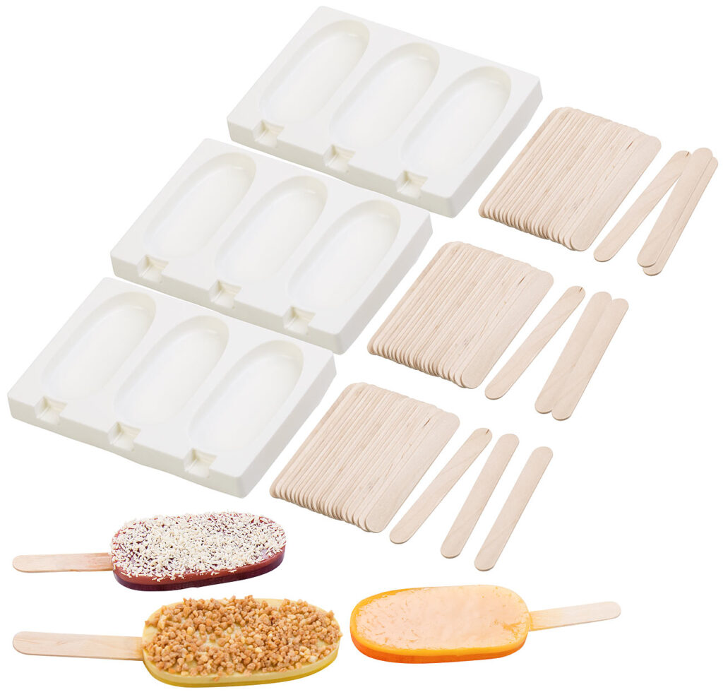 3 Silikon-Formen für 9 Eis am Stiel, je 80 ml, mit 72 Holzstielen 3 Silikon-Formen für 9 Eis am Stiel, je 80 ml, mit 72 Holzstielen
