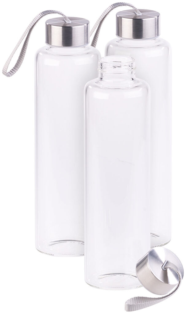3er Set Trinkflasche aus Borosilikat-Glas, 550 ml, BPA-frei 3er Set Trinkflasche aus Borosilikat-Glas, 550 ml, BPA-frei