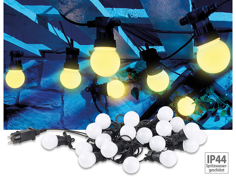 Party-LED-Lichterkette m. 20 LED-Birnen, 6 Watt, IP44, warmweiss, 9,5 m Party-LED-Lichterkette m. 20 LED-Birnen, 6 Watt, IP44, warmweiss, 9,5 m