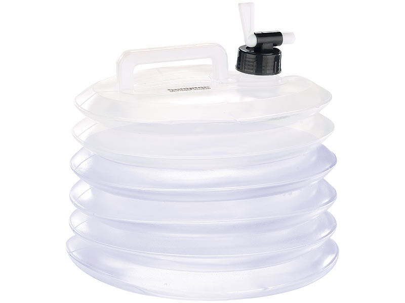 Faltbarer Wasserkanister mit Zapfhahn, 15 Liter, rund, für Trinkwasser Faltbarer Wasserkanister mit Zapfhahn, 15 Liter, rund, für Trinkwasser