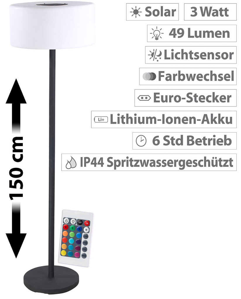 Solar-LED-Stehleuchte, Lichtsensor, 16 Farben, 50 lm, 2,4 W, IP44 Solar-LED-Stehleuchte, Lichtsensor, 16 Farben, 50 lm, 2,4 W, IP44