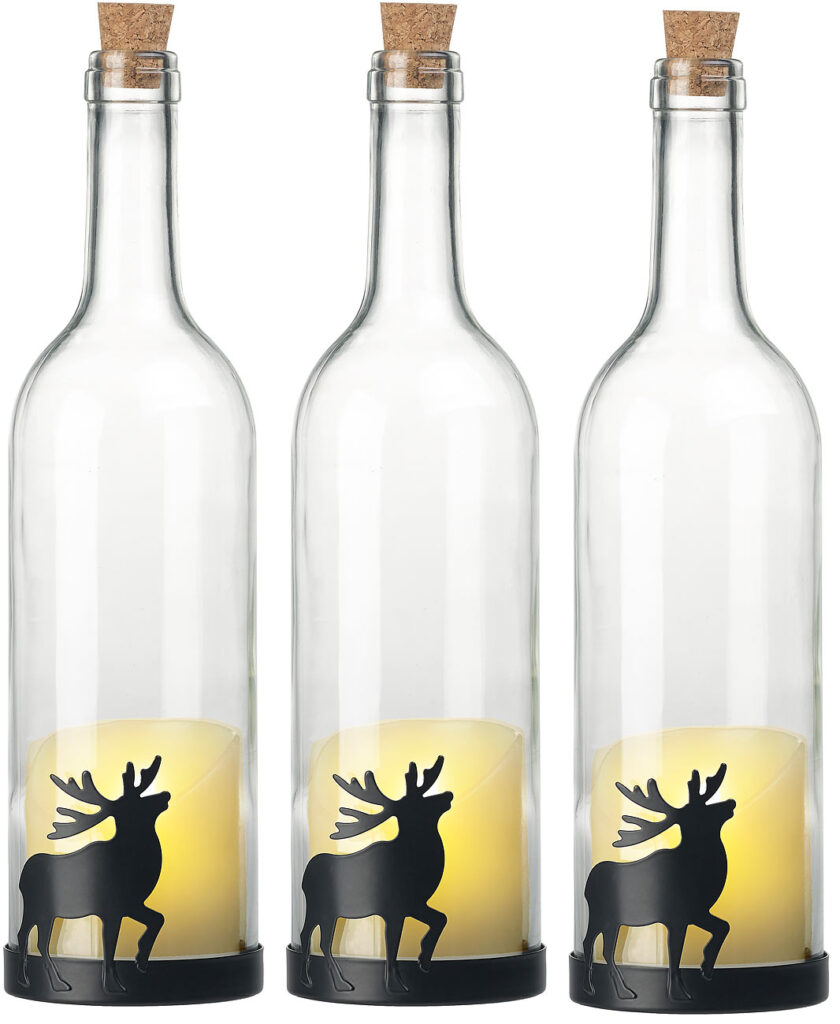 3er-Set Deko-Glasflasche, LED-Kerze & beweglicher Flamme, Elch-Motiv