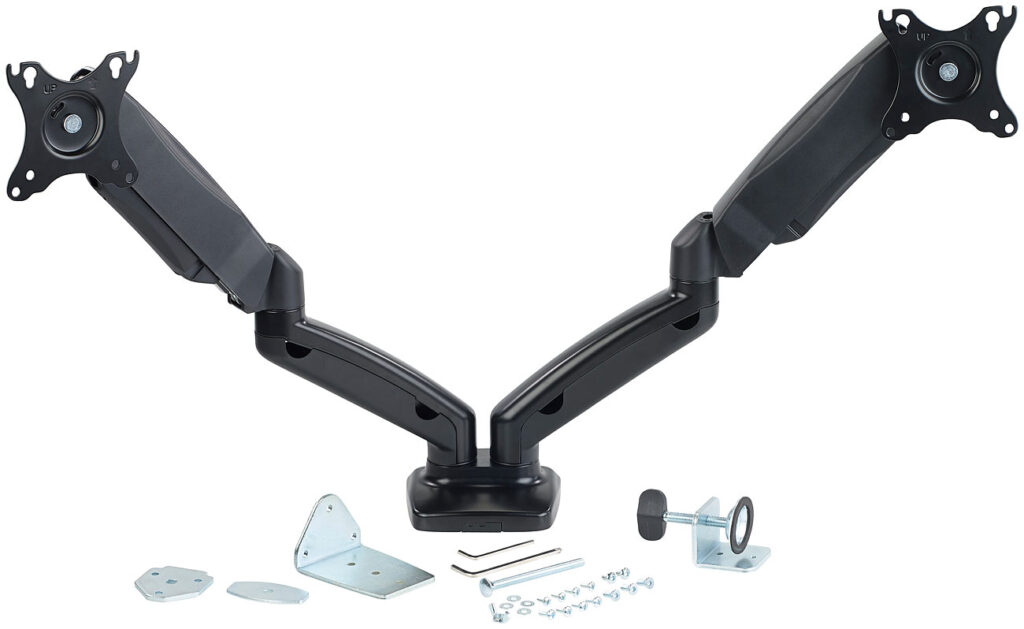 Gasgefederter Doppel-Monitor-Schwenkarm bis 69 cm (27″), VESA-kompat. Gasgefederter Doppel-Monitor-Schwenkarm bis 69 cm (27″), VESA-kompat.