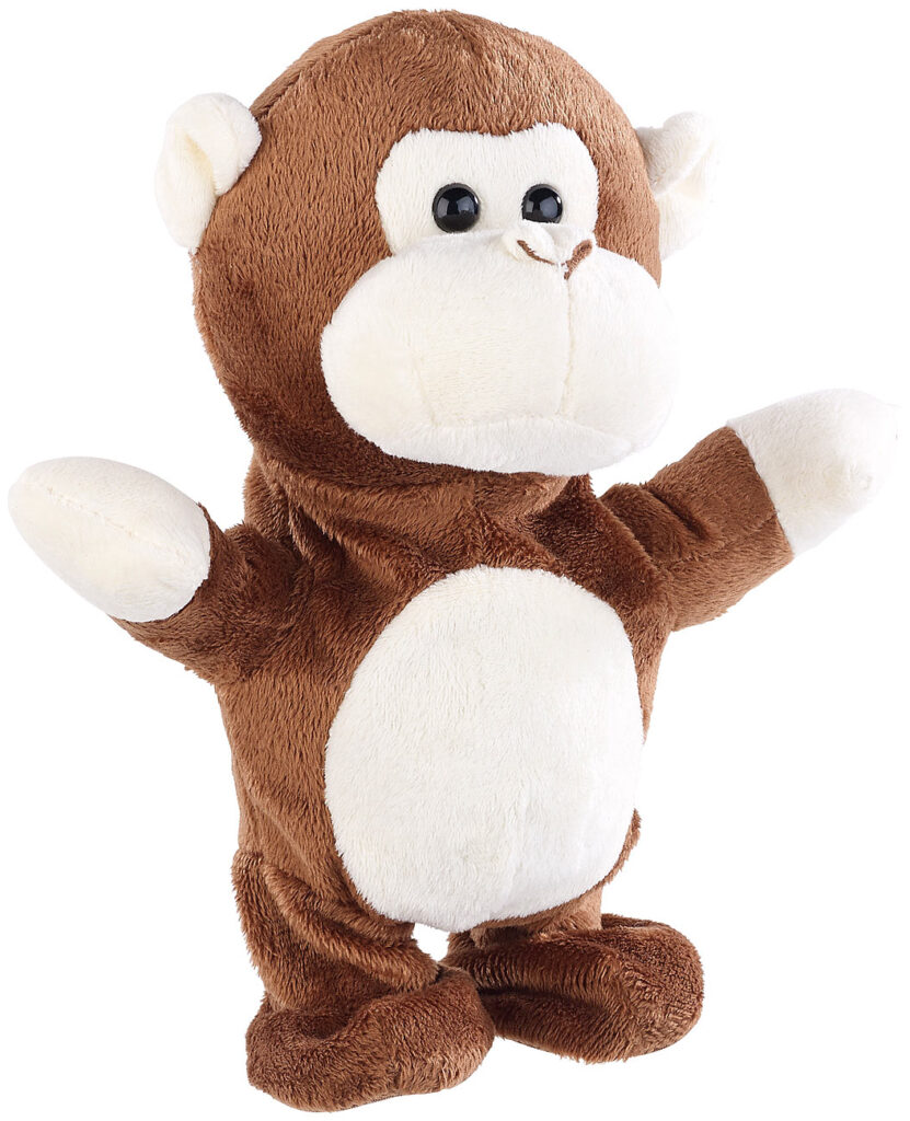 Sprechender Plüsch-Affe mit Mikrofon, spricht nach und läuft, 22 cm Sprechender Plüsch-Affe mit Mikrofon, spricht nach und läuft, 22 cm