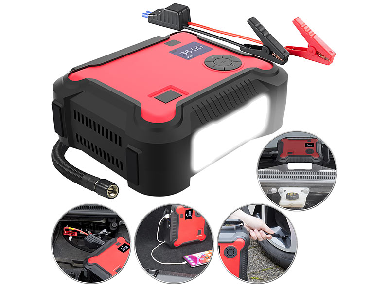 4in1-Starthilfe-Powerbank, Kompressor, USB, 16 Ah, 1200 A, 150 psi
