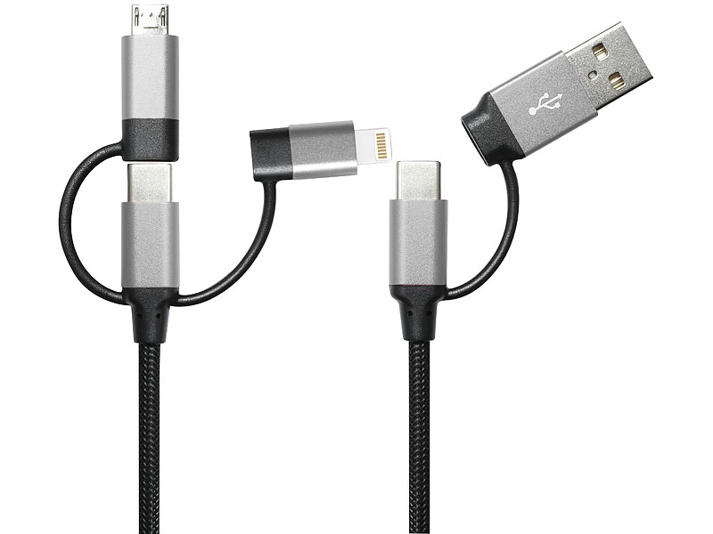 Lade- & Datenkabel USB A/C zu USB-C/Micro-USB/8-PIN, 1 m, bis 3 A / 60 Watt Lade- & Datenkabel USB A/C zu USB-C/Micro-USB/8-PIN, 1 m, bis 3 A / 60 Watt