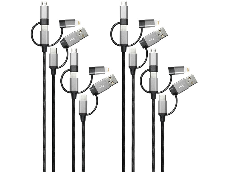 4er-Set Lade- & Datenkabel USB A/C zu USB-C/Micro-USB/8-PIN, 1 m, bis 3 A / 60 Watt 4er-Set Lade- & Datenkabel USB A/C zu USB-C/Micro-USB/8-PIN, 1 m, bis 3 A / 60 Watt