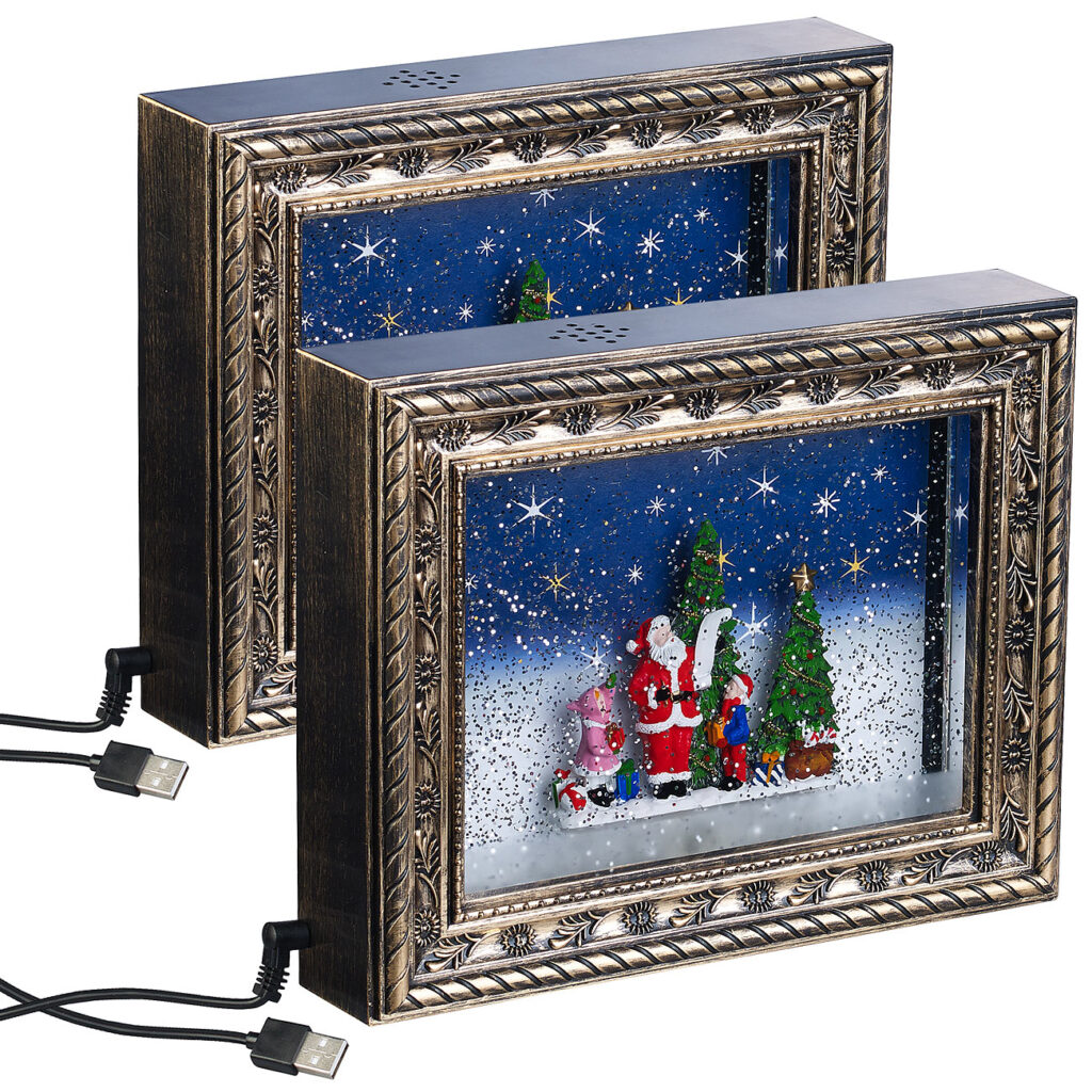 2er-Set Weihnachts-Bilderrahmen „Bescherung“, LED, Schneewirbel, Musik 2er-Set Weihnachts-Bilderrahmen „Bescherung“, LED, Schneewirbel, Musik