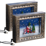 2er-Set Weihnachts-Bilderrahmen „Bescherung“, LED, Schneewirbel, Musik