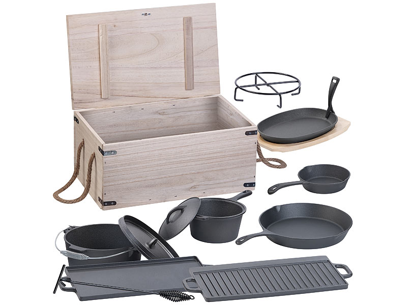9-teiliges Gusseisen-Dutch-Oven-Set mit Aufbewahrungskiste aus Holz