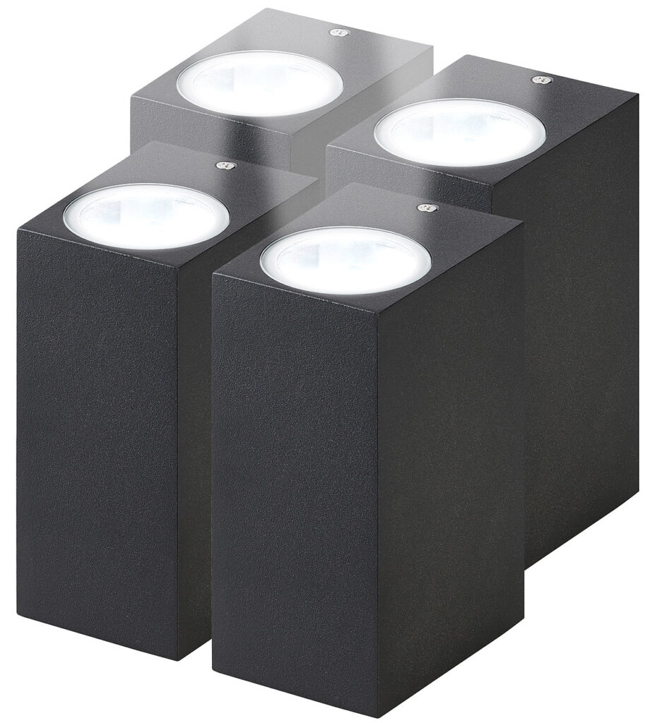 4er-Set Eckige LED-Wandleuchte, Up/Down Lampe, 2x GU10 Sockel, IP44, schwarz 4er-Set Eckige LED-Wandleuchte, Up/Down Lampe, 2x GU10 Sockel, IP44, schwarz