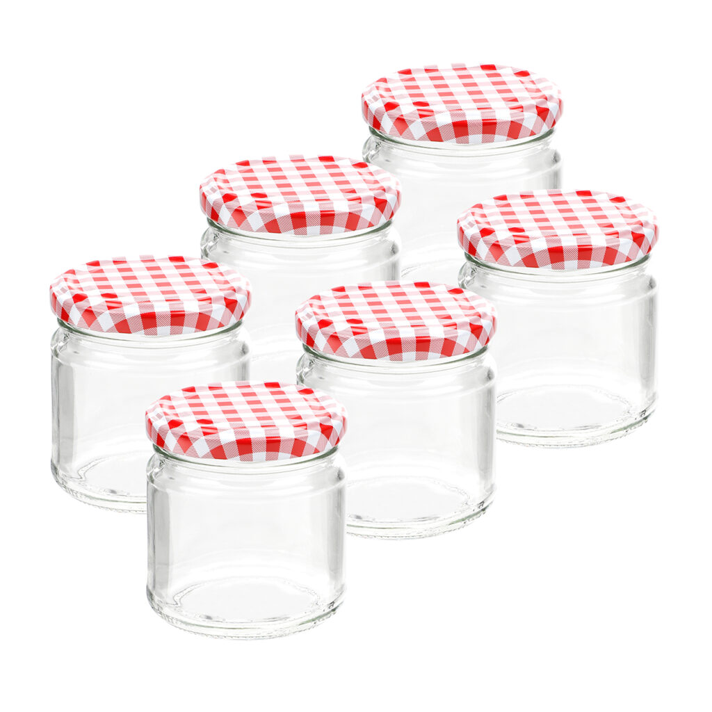 6er-Set Einmachgläser mit Schraubdeckel, Sturzgläser mit Karo-Muster, je 315 ml 6er-Set Einmachgläser mit Schraubdeckel, Sturzgläser mit Karo-Muster, je 315 ml
